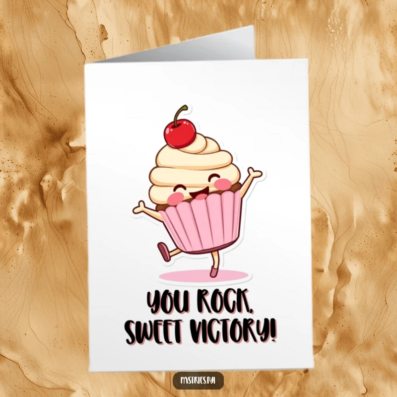 Funny Free Printable Congratulations Card: A smiling cupcake character doing a cartwheel to celebrate a sweet success and shower with joy.