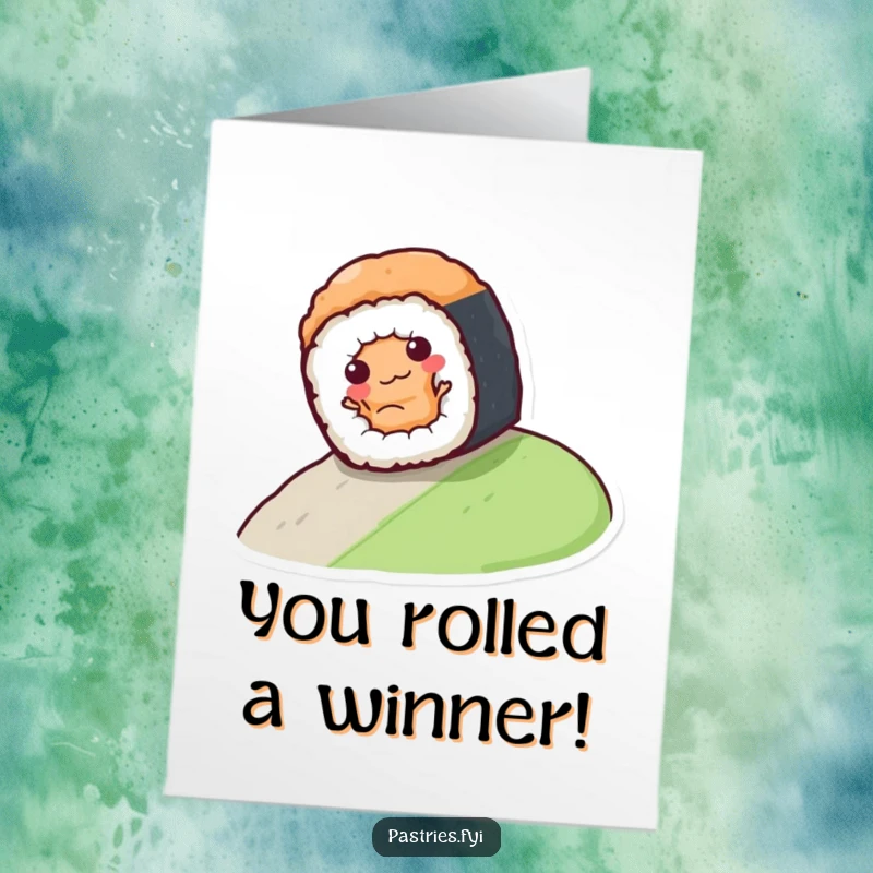 Funny Free Printable Congratulations Card showing a sushi roll tumbling downhill with pure joy and excitement.