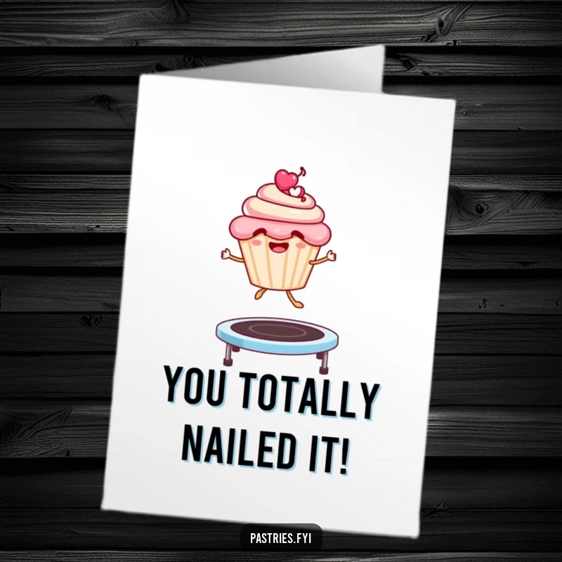 Funny Free Printable Congratulations Card: A smiling cupcake character energetically jumps on a trampoline, celebrating success.
