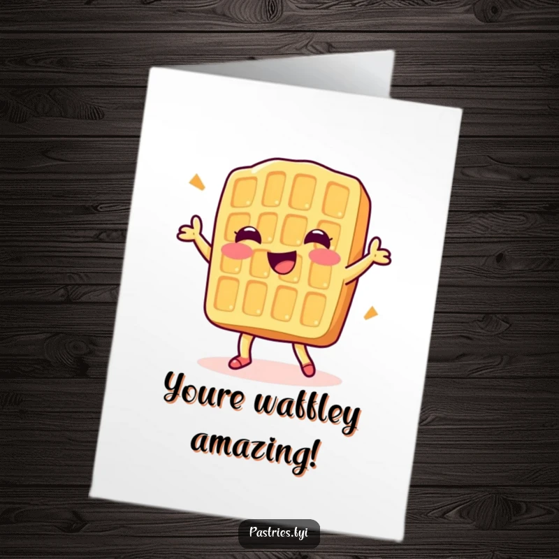 Funny Free Printable Congratulations Card: A happy waffle doing a little dance, celebrating your success with syrup flair.