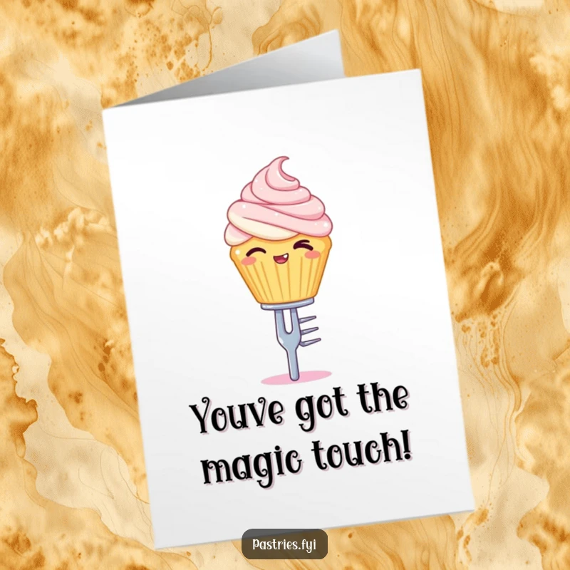 Free Printable Congratulations Card with a winking cupcake character balancing precariously on a tiny silver fork.