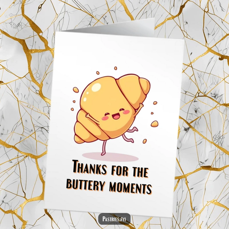 Funny Free Printable Thank You Card: A croissant character with legs does a cartwheel, showering thanks like flakes.