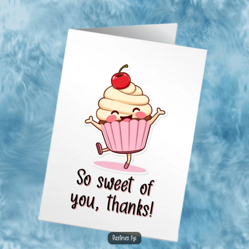 Funny Free Printable Thank You Card: A smiling cupcake with a cherry doing a cartwheel, delivering thanks with playful energy and sweetness.