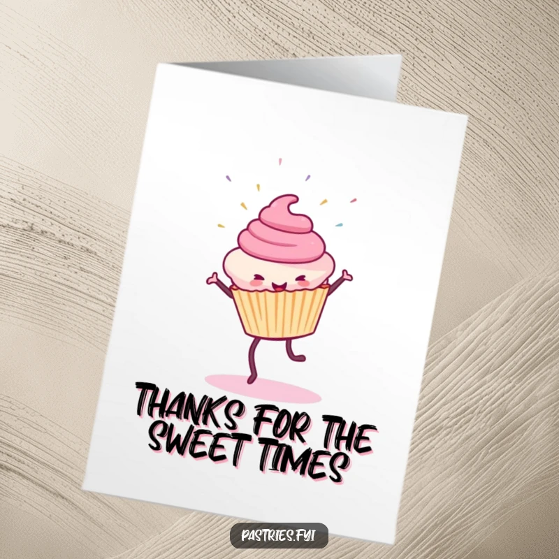 Funny Free Printable Thank You Card: A smiling cupcake doing a cartwheel, sprinkles flying, expressing thanks.