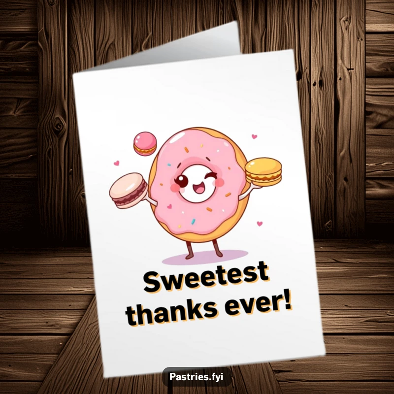 Funny free printable thank you card with a winking donut character juggling three colorful macarons, a sweet way to say thanks.