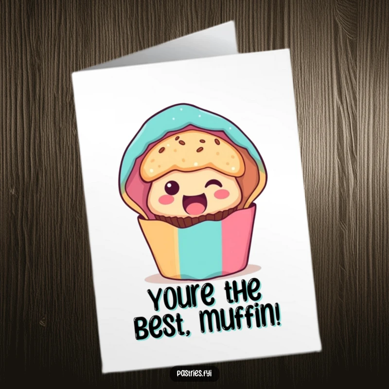 Funny Free Printable Thank You Card: Excited muffin character peeking from colorful wrapper, with a thankful expression.