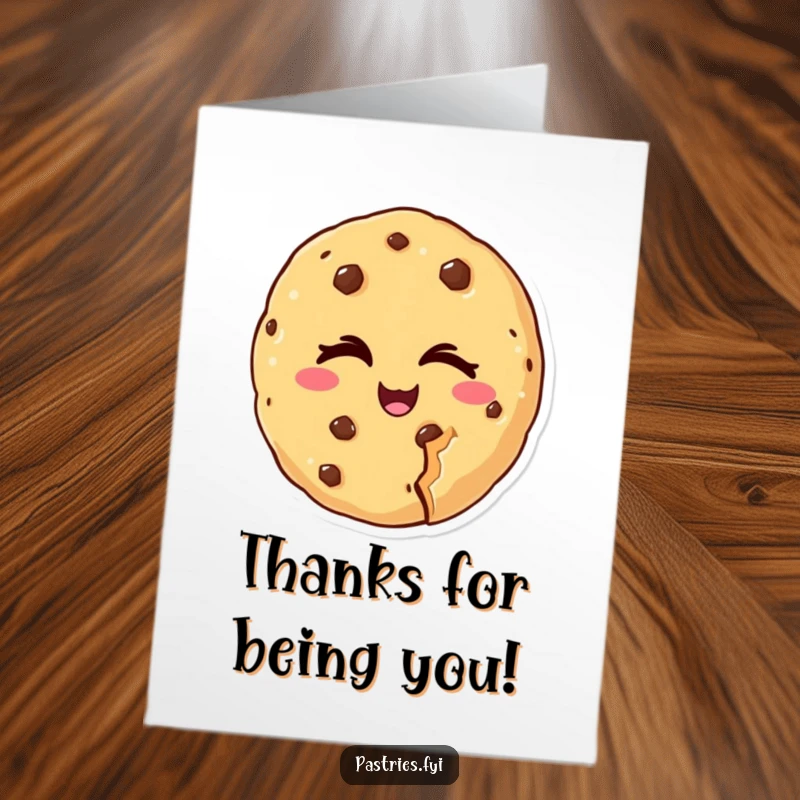 Funny free printable thank you card: a cookie character with a chunk missing winks cheekily to express thanks.