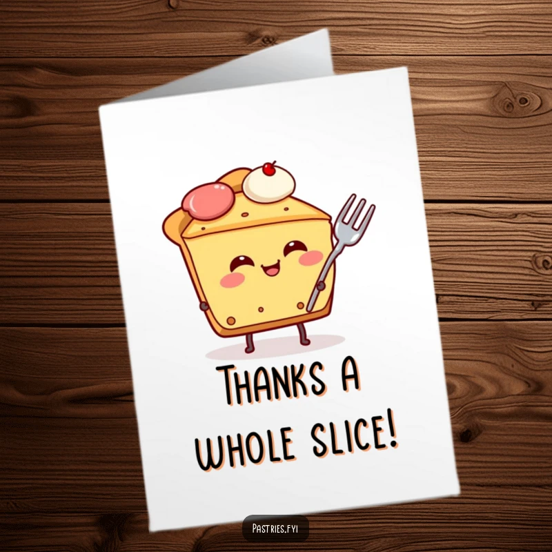 Funny Free Printable Thank You Card: Giggling slice of pie character, fork stuck in side, showing gratitude.
