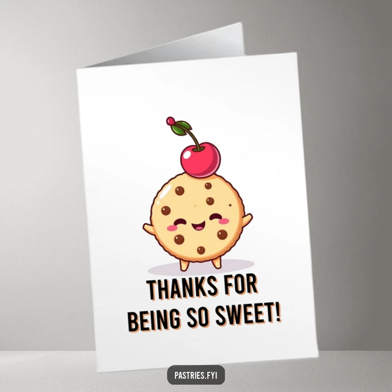 Funny Free Printable Thank You Card: A happy cookie character expertly balancing a cherry, saying thanks.