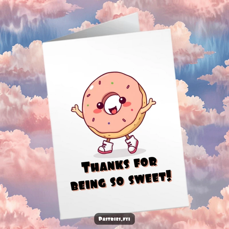 Funny Free Printable Thank You Card: A plump donut in tiny boots does a happy, spirited jig.