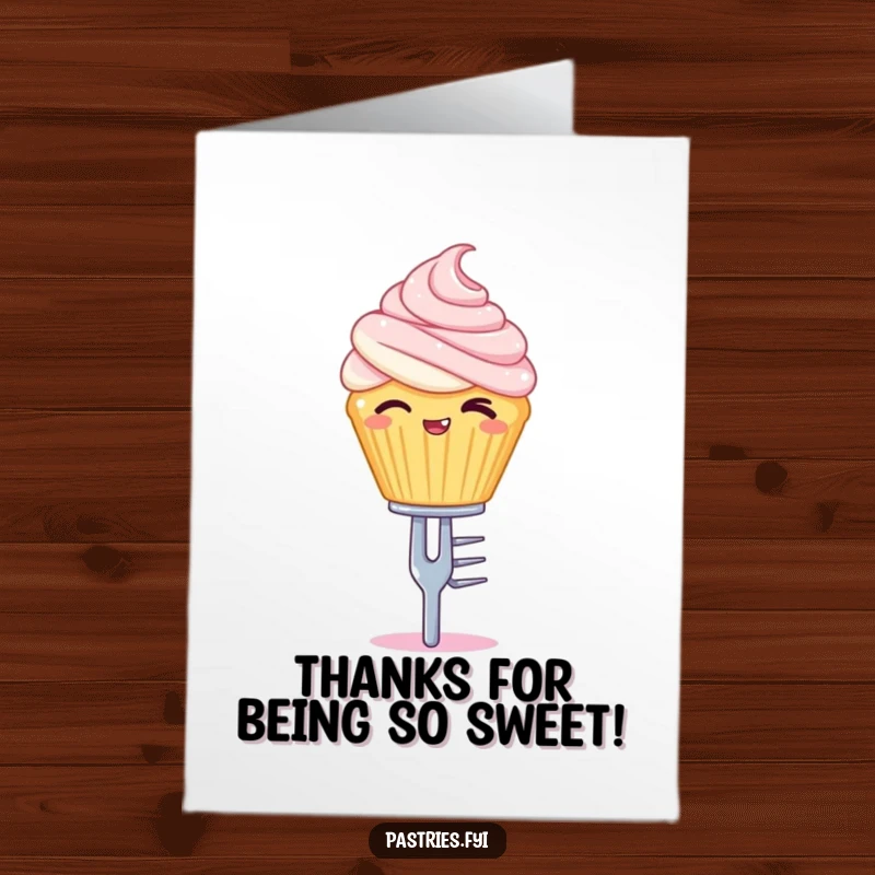 Funny Free Printable Thank You Card featuring a winking cupcake character balancing elegantly on a tiny silver fork.