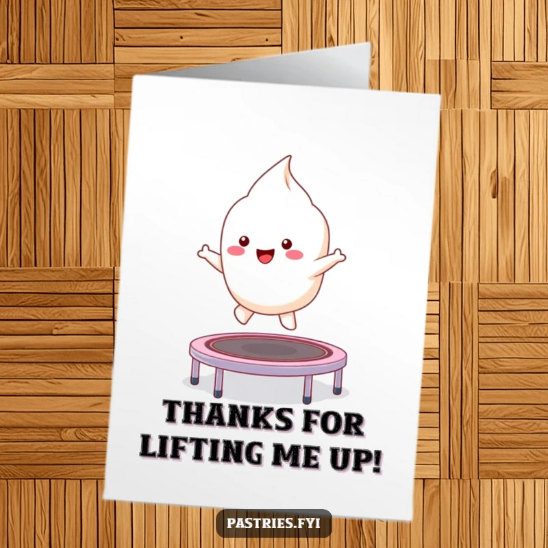 Funny Free Printable Thank You Card: A kawaii meringue character excitedly bounces on a tiny trampoline.