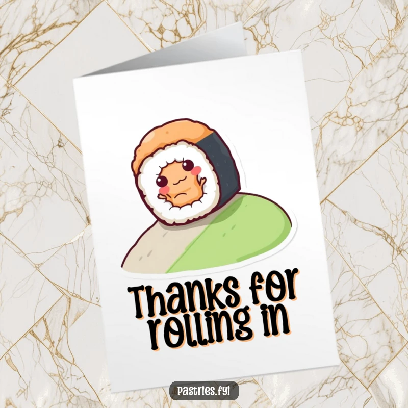 Funny Free Printable Thank You Card depicts a sushi roll joyfully descending a slope, perfect for a lighthearted thank you.