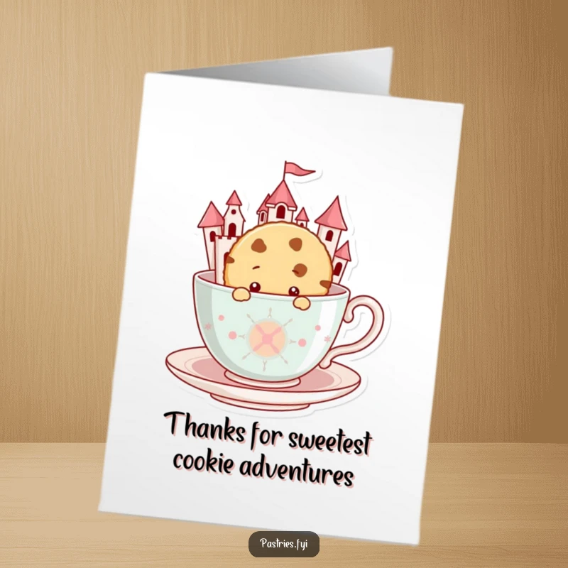 Funny Free Printable Thank You Card: A curious cookie character peeking from a teacup castle, offering thanks.