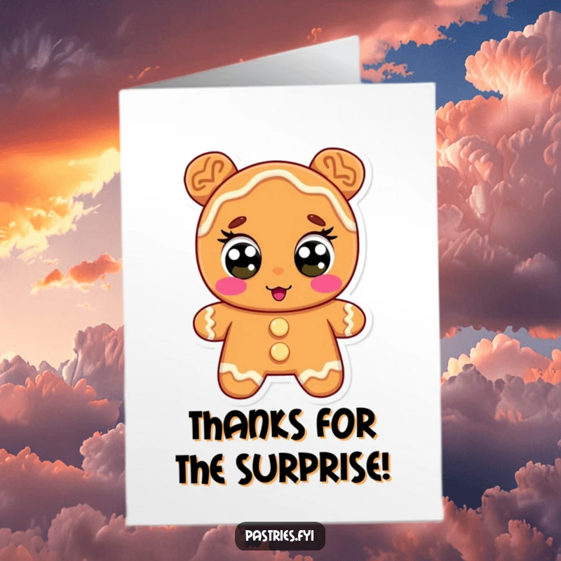 Funny Free Printable Thank You Card: A gingerbread cookie character stares with wide icing eyes in surprise.