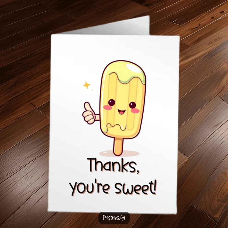 Funny Free Printable thank you card with a slightly melting Kawaii popsicle giving a happy thumbs up, conveying cool gratitude.