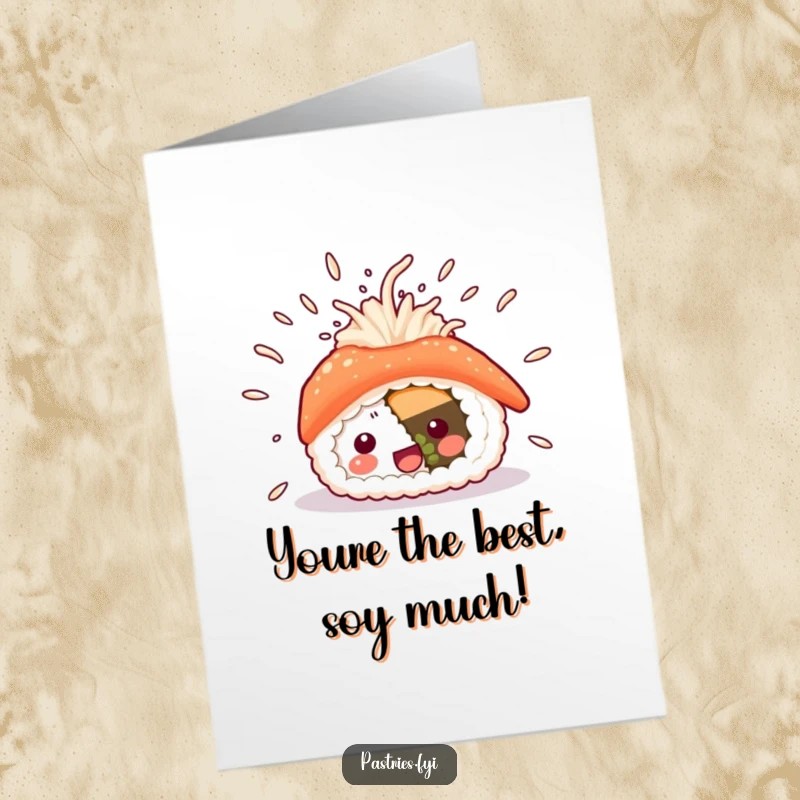 Funny Free Printable Sushi Thank You Card: Sushi character joyfully celebrating, sending rice flying in gratitude.
