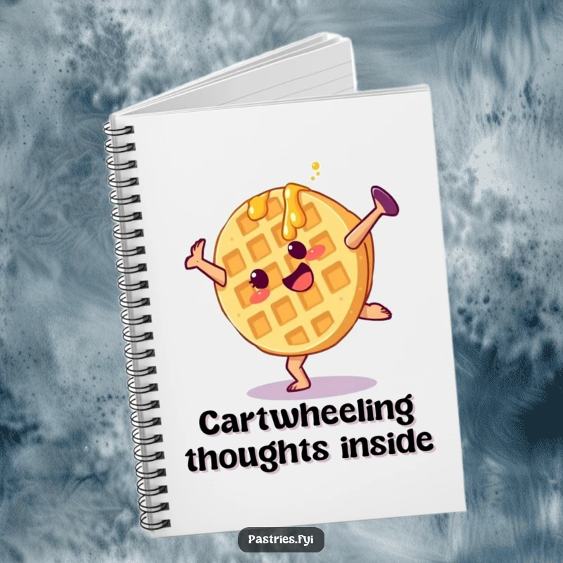 Funny waffle notebook with a cartwheeling character and syrup, a perfect place for notes and creative ideas.