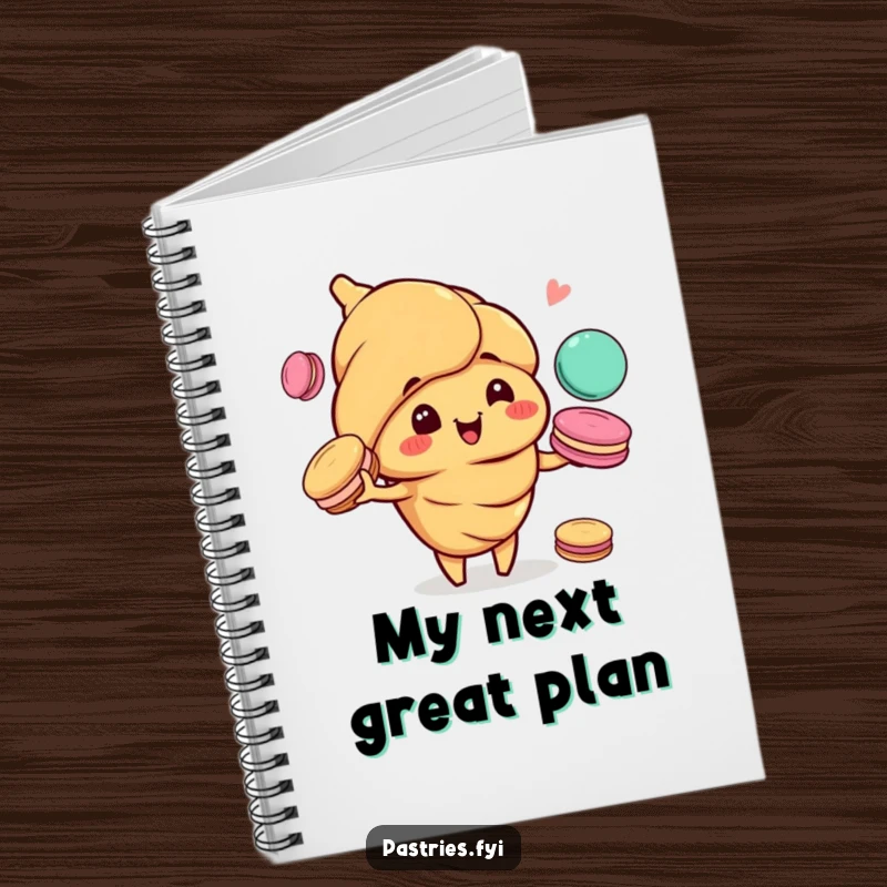 Funny notebook cover with a happy croissant character, mischievous grin, juggling a vibrant array of macarons.