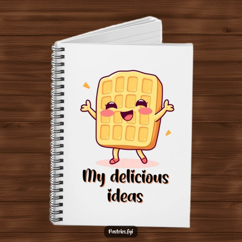 Funny notebook cover featuring a delighted waffle character doing a happy dance, perfect for capturing sweet notes.