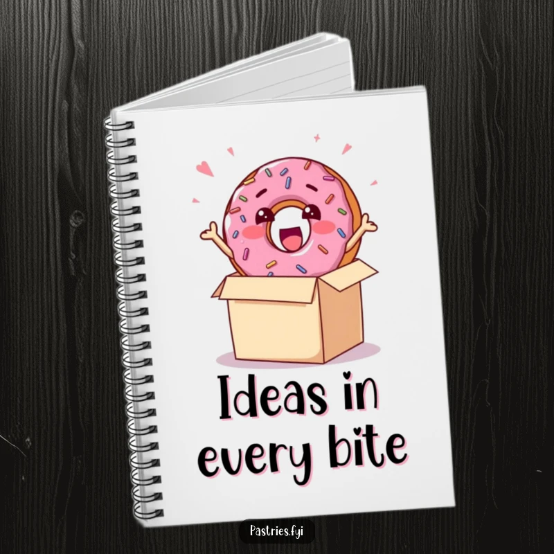 Funny notebook cover featuring a cheerful donut character with sprinkles, bursting excitedly out of a box, ready for notes.