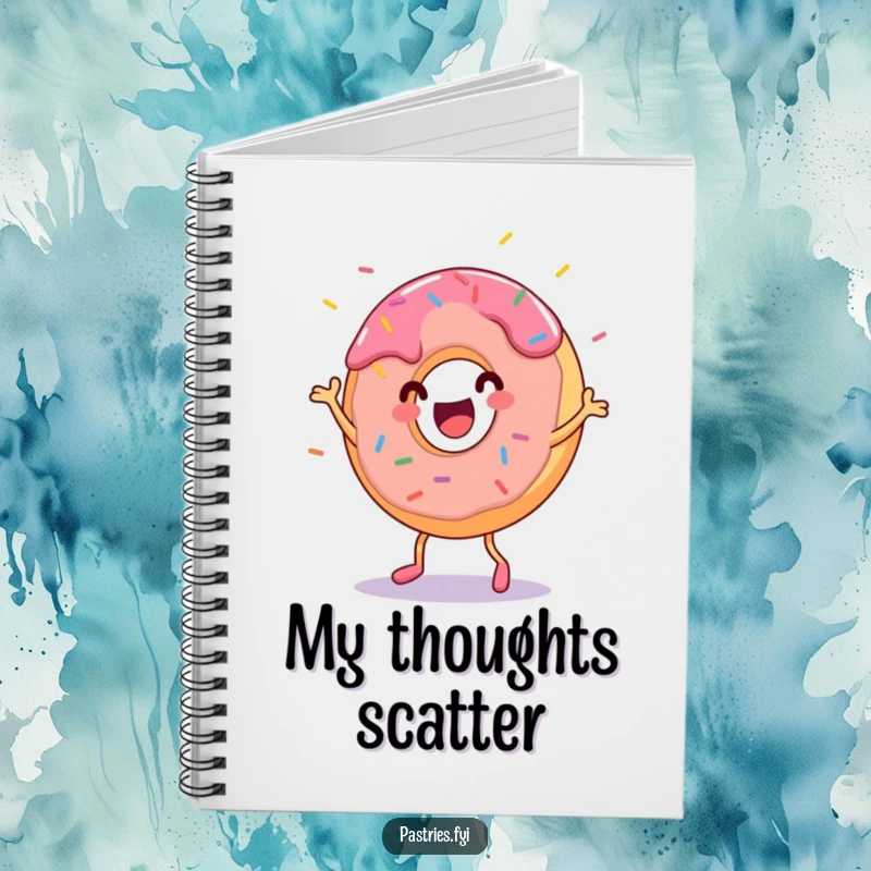 Funny donut character dancing with sprinkles flying, on a notebook cover. Perfect for creative and happy thoughts.