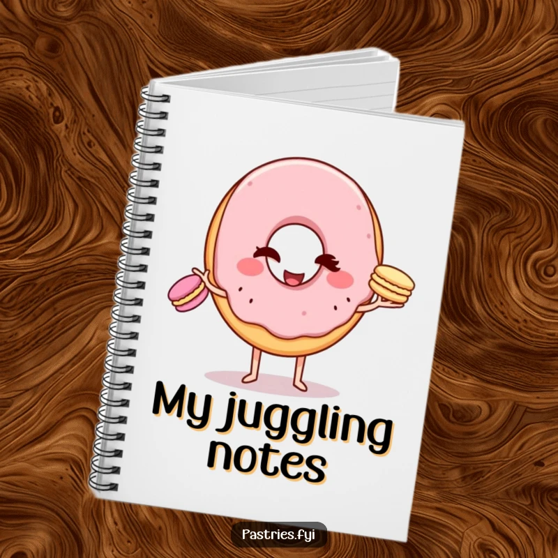 Funny Notebook: A winking donut character attempting to juggle three tiny macarons, perfect for jotting down notes and brilliant ideas.