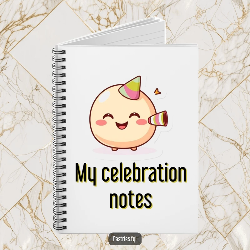 Funny Notebook cover featuring a giggling macaroon with a wide grin, blowing a small party horn.
