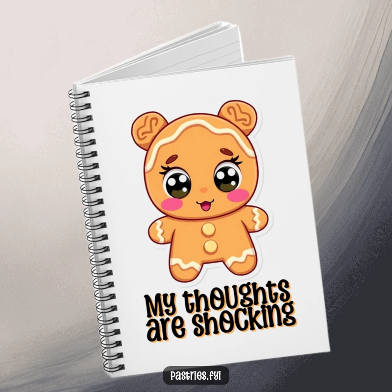 Funny gingerbread notebook, a character with icing eyes wide in surprise, perfect for jotting down sudden ideas or funny observations.