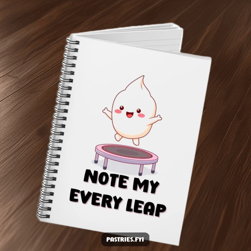 Funny kawaii meringue character bouncing on a trampoline, a delightful funny notebook for creative minds.