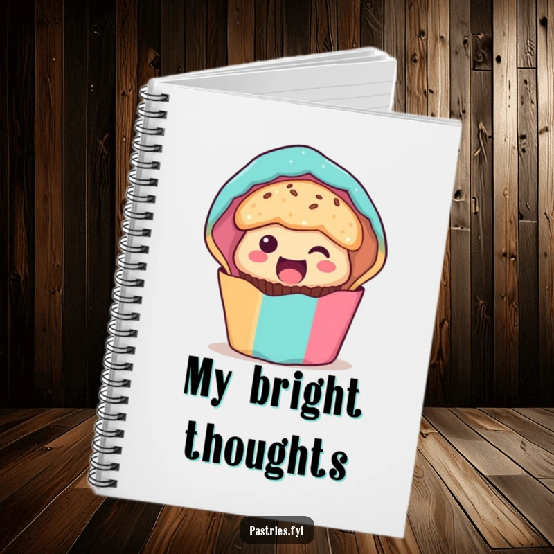 Funny muffin character notebook, peeking out with excitement from its wrapper, a humorous and inspiring companion for writing.