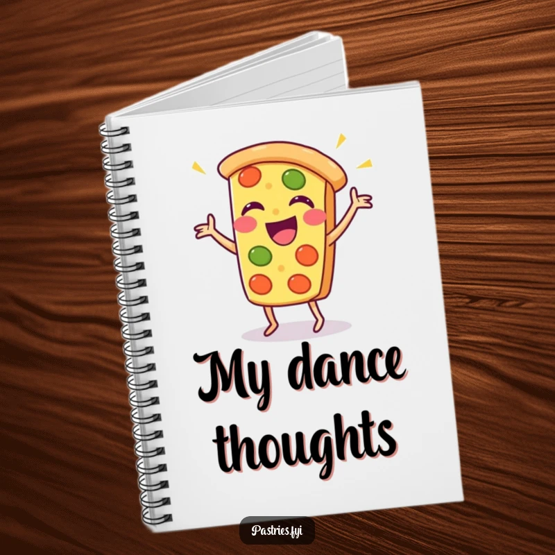 Funny pizza slice notebook with a Kawaii character in a dance, ideal for jotting down funny thoughts.
