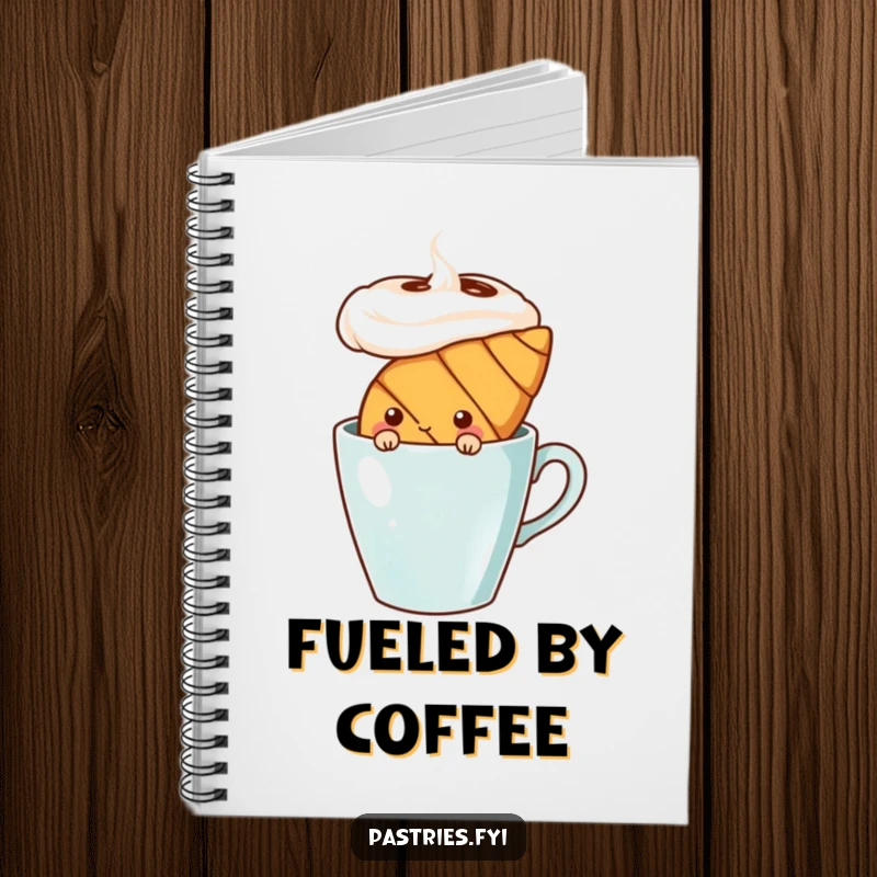 Funny shy croissant character peeking from behind a coffee cup, on a notebook cover. Ideal for thoughtful notes.