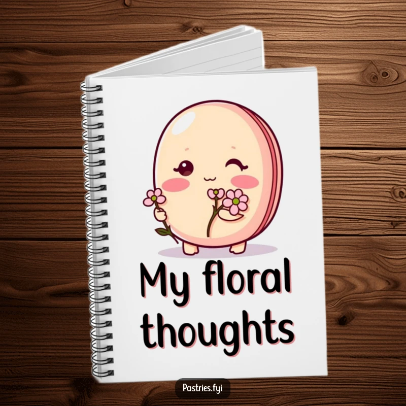 Funny Macaron Notebook: A shy macaron character blushing and holding a tiny flower, ready for sweet notes.