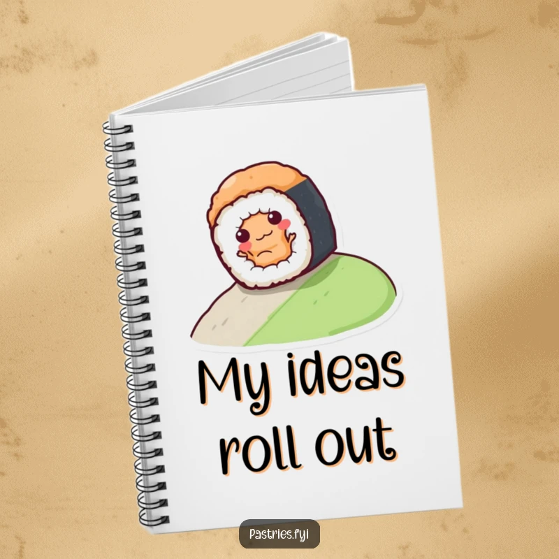 Funny sushi roll character rolling down a hill, featured on the cover of a lined notebook for writing and drawing.