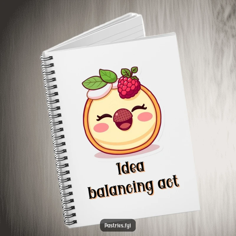 Funny notebook with a cover featuring a winking tart character balancing a raspberry on its nose, great for jotting notes.