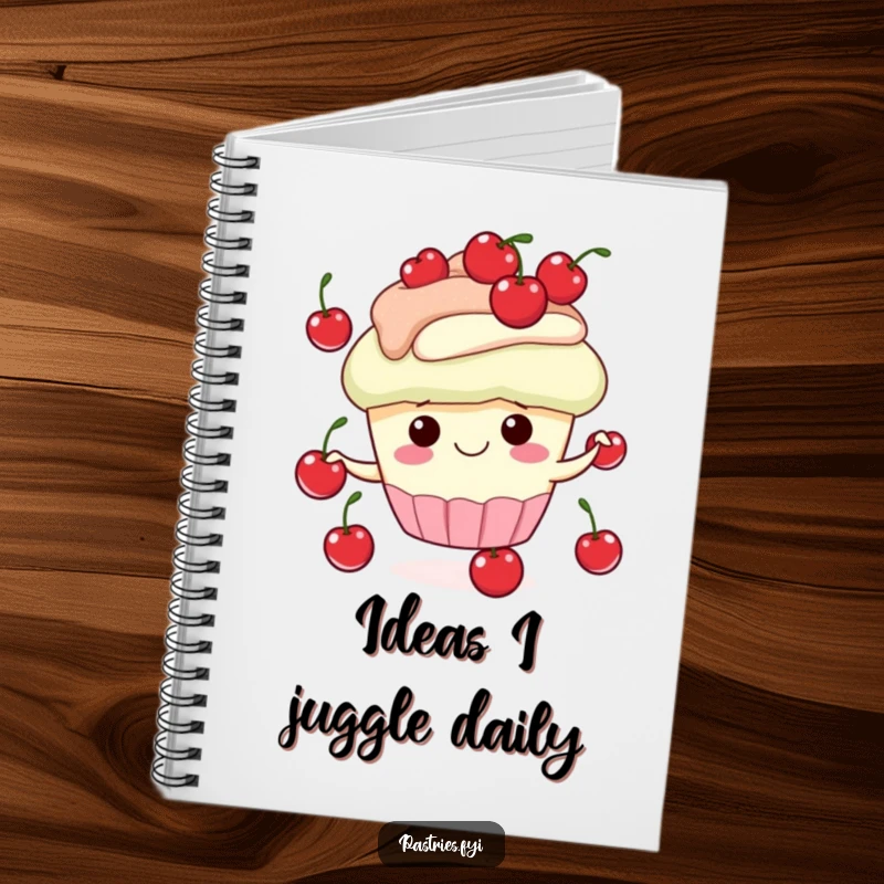 Funny notebook cover with a gleeful cupcake character juggling cherries, inspiring creativity and cheerful note-taking.