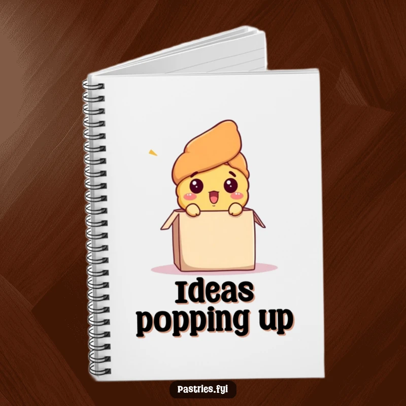 Funny notebook cover with a surprised croissant character comically popping out of a box, ideal for capturing ideas with humor, a funny gift.