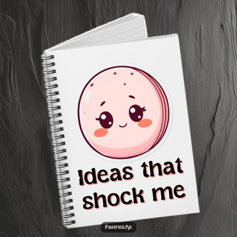 Funny notebook cover featuring a surprised macaron character with wide eyes and blushes, inspiring humorous note-taking.
