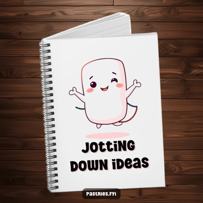 Funny Notebook showcasing a happy marshmallow character jumping rope, ideal for note-taking and creative brainstorming.