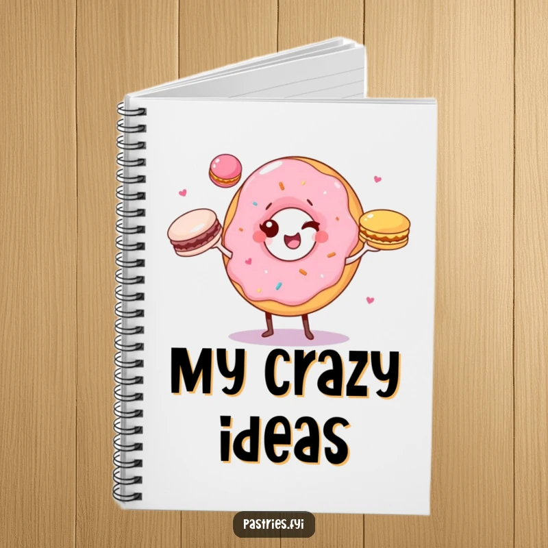 Funny notebook with a winking donut character juggling three colorful macarons, perfect for jotting down notes and creative ideas.