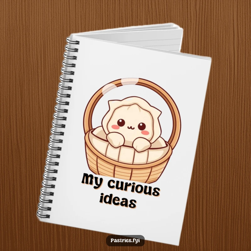 Funny dumpling notebook with a Kawaii character peeking out, perfect for jotting down curious thoughts.