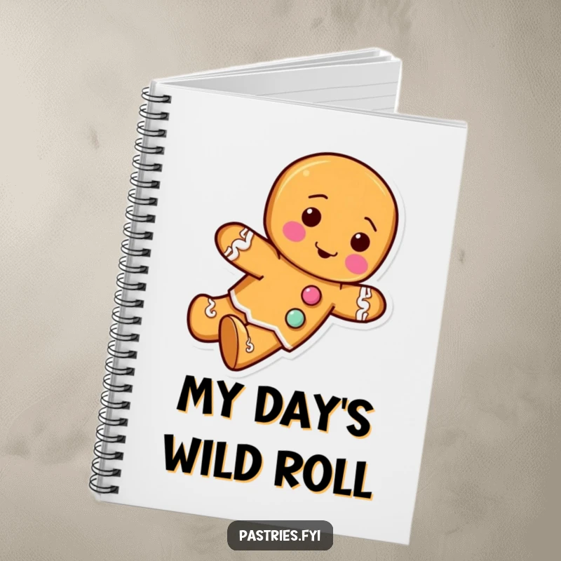 Funny notebook cover featuring a gingerbread man character with frosting buttons, tumbling forward, inspiring cheerful holiday note-taking.