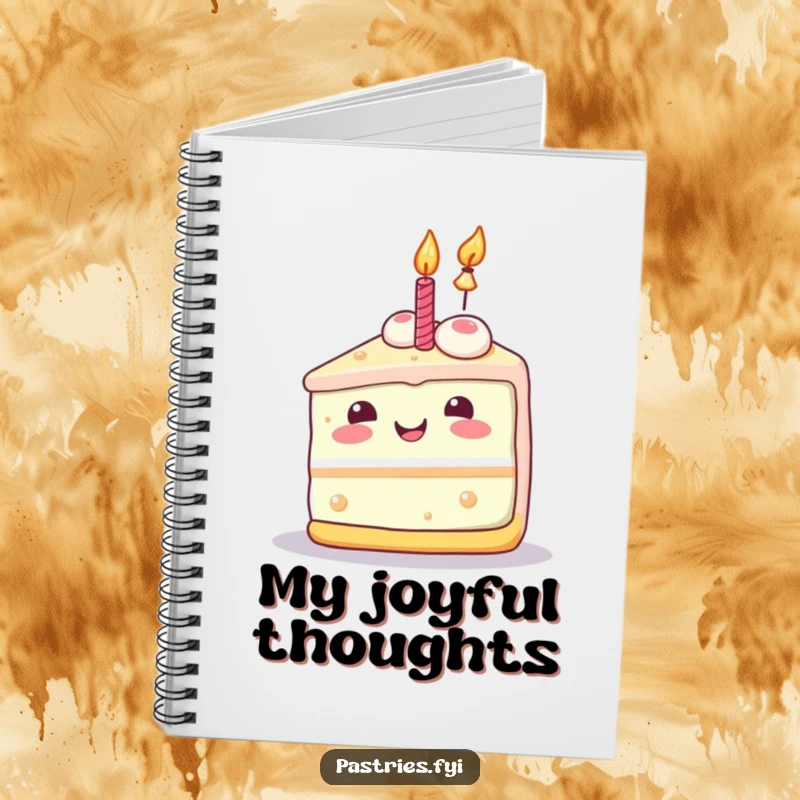 Funny cake slice notebook with a joyful Kawaii character and lit candle, perfect for jotting happy plans.
