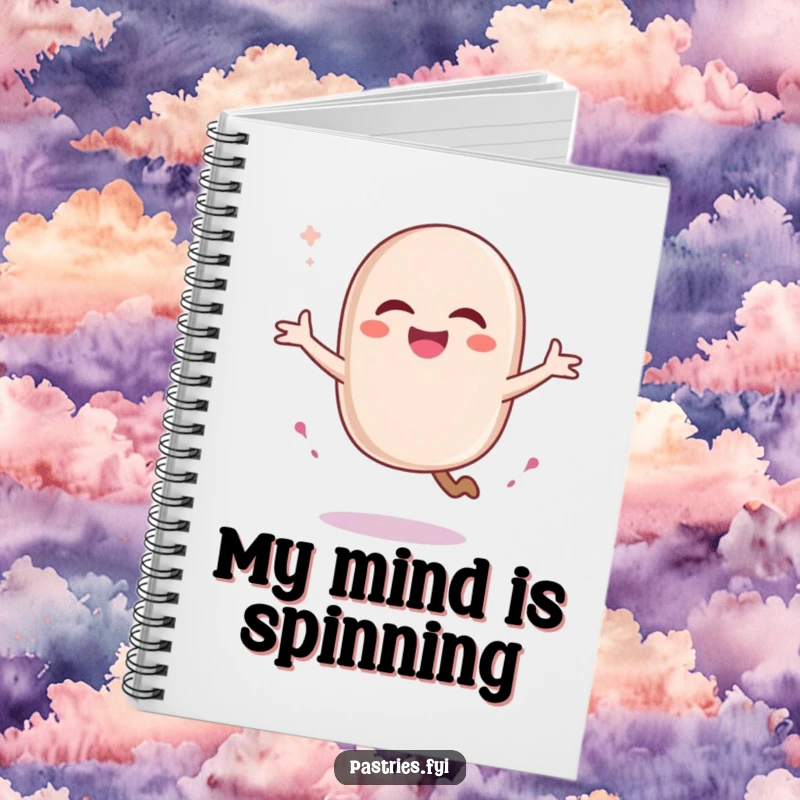 Funny macaron character in a pirouette, leaving a sugar trail, on a notebook cover. Ideal for creative thoughts.