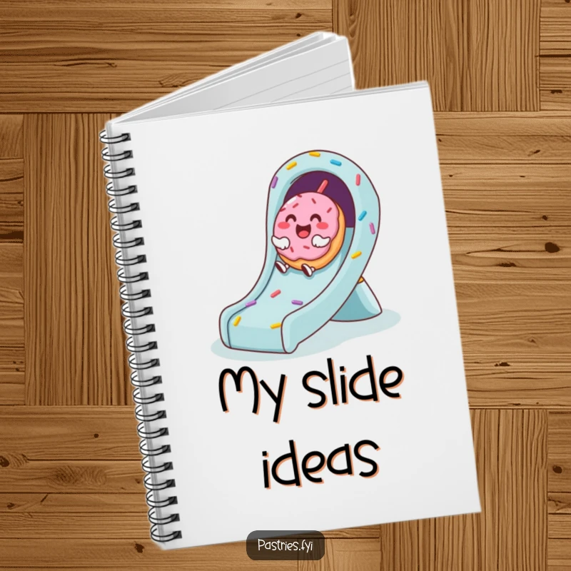 Funny notebook with a cover depicting a cute donut giggling while sliding down a playful sprinkle slide, great for notes.