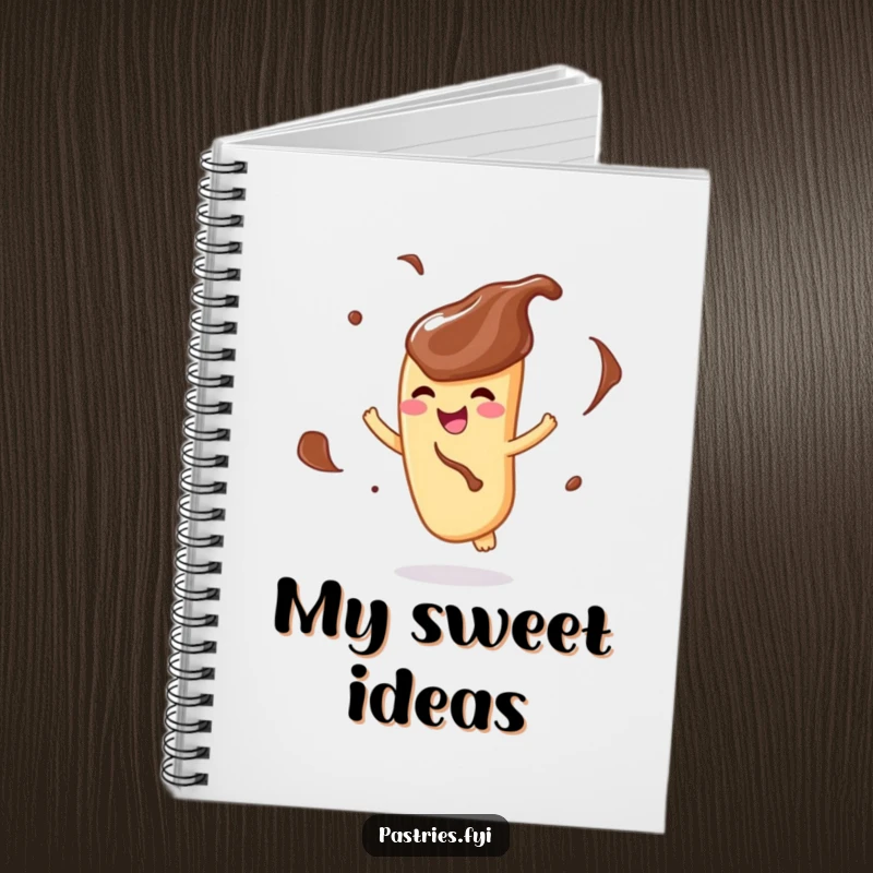 Funny notebook cover with a delighted churro character, coated in chocolate, captured in a joyful twirl.