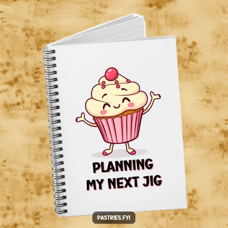 Funny Notebook featuring a cheerful cupcake character doing a silly jig, perfect for capturing recipes and creative thoughts.