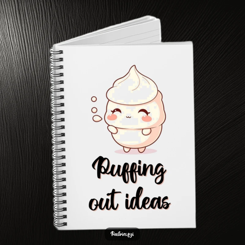 Funny meringue notebook with a shy character puffing air, a perfect place for notes and gentle thoughts.