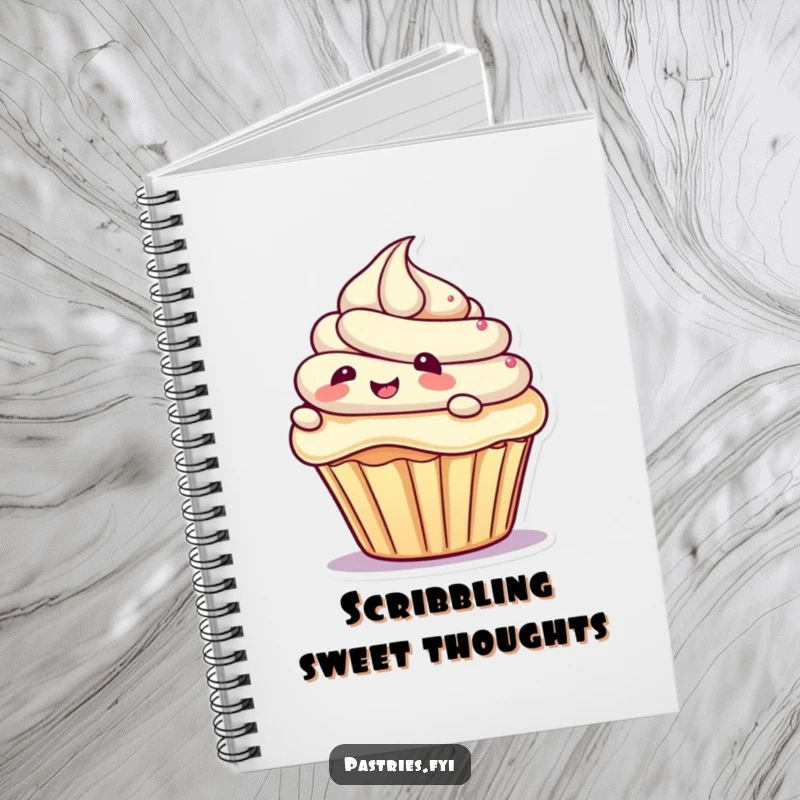 Funny notebook cover with a giggling cupcake character sliding on frosting, ideal for capturing sweet ideas with humor, a funny gift.